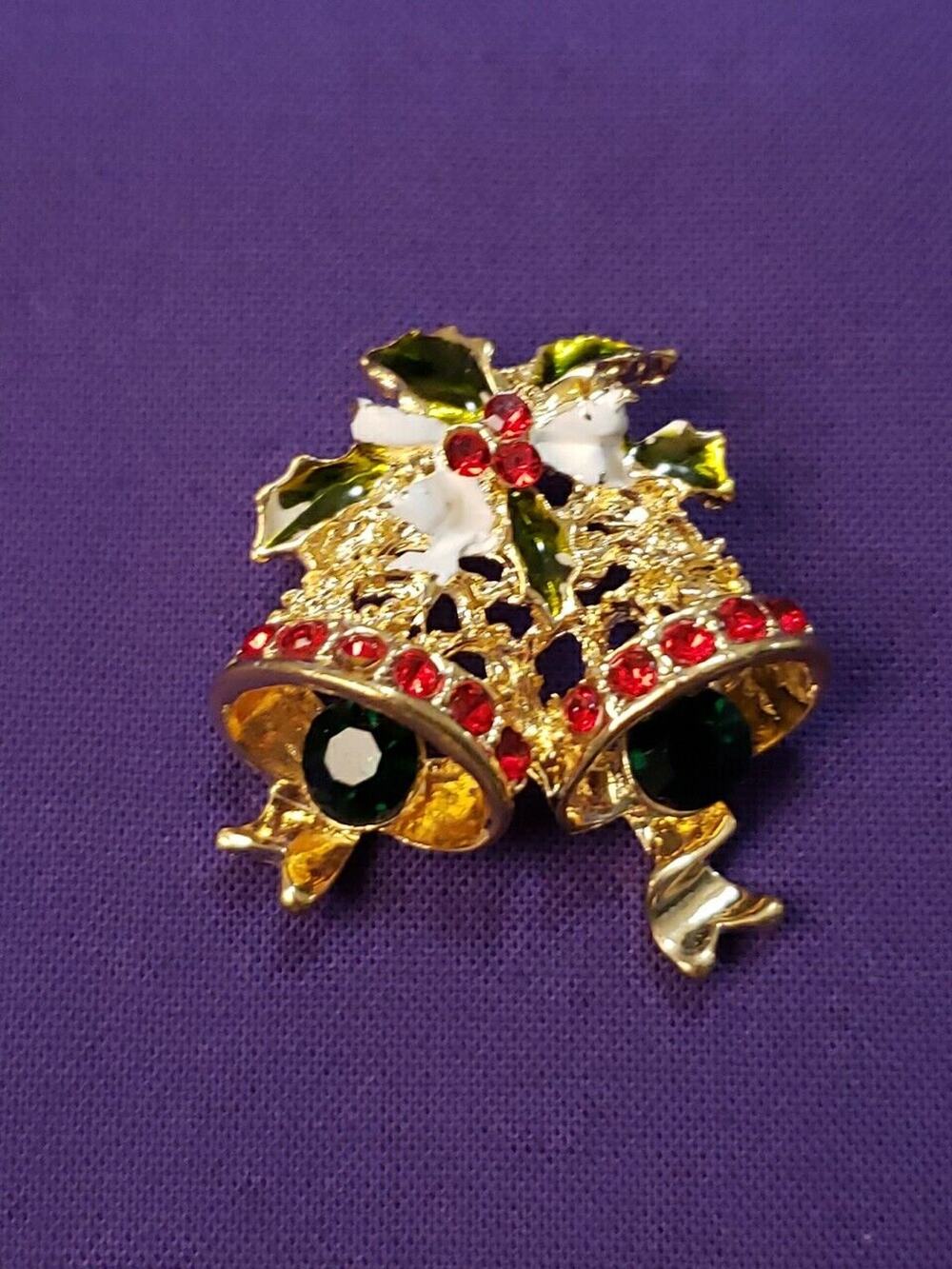Christmas Bells Brooch Pin Gold Tone Metal, Red & Green Rhinestones, White Bow